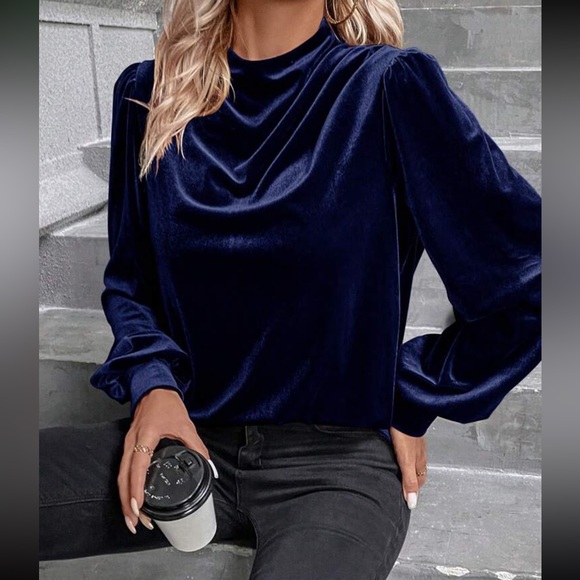Luxe navy blue draped velvet top - Picture 1 of 16